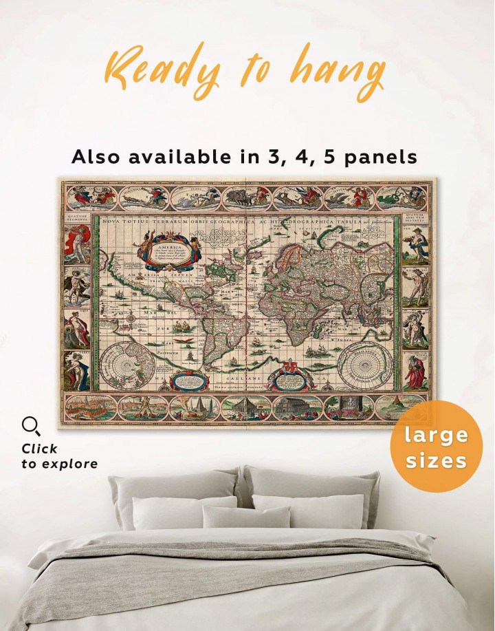 Large Antique Style World Map Canvas Wall Art