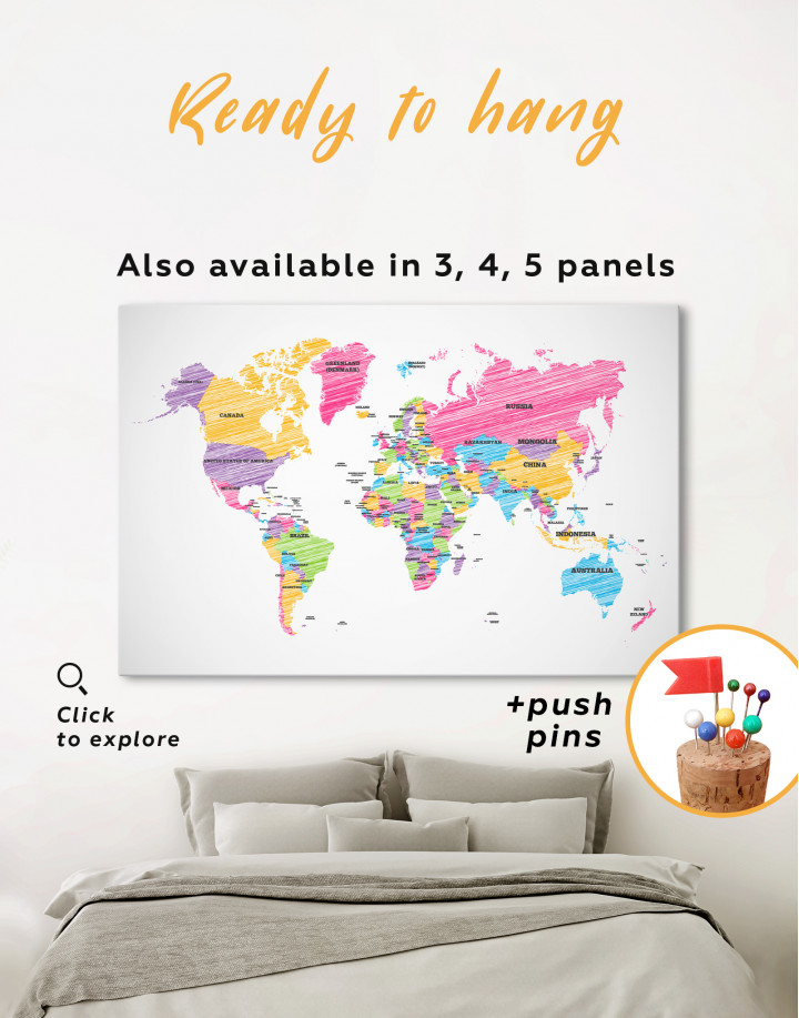 Drawing World Map with Countries Canvas Wall Art