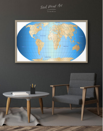 Framed Abstract World Map With Oceans Canvas Wall Art