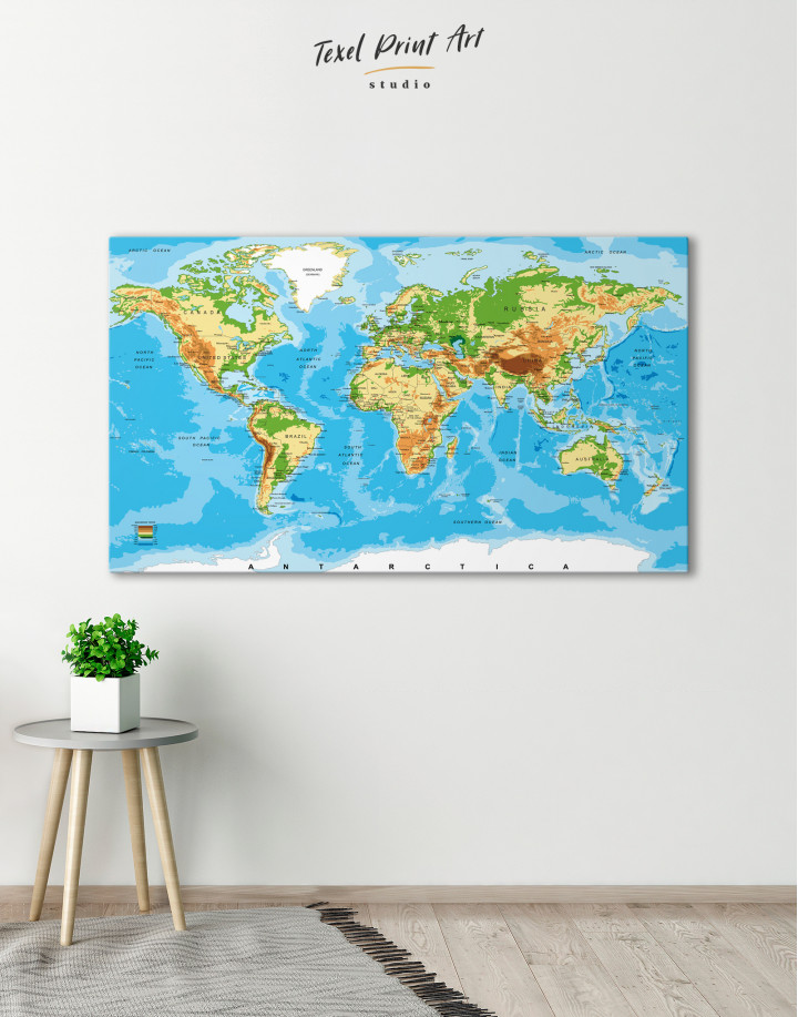 Physical World Map with Countries Canvas Wall Art
