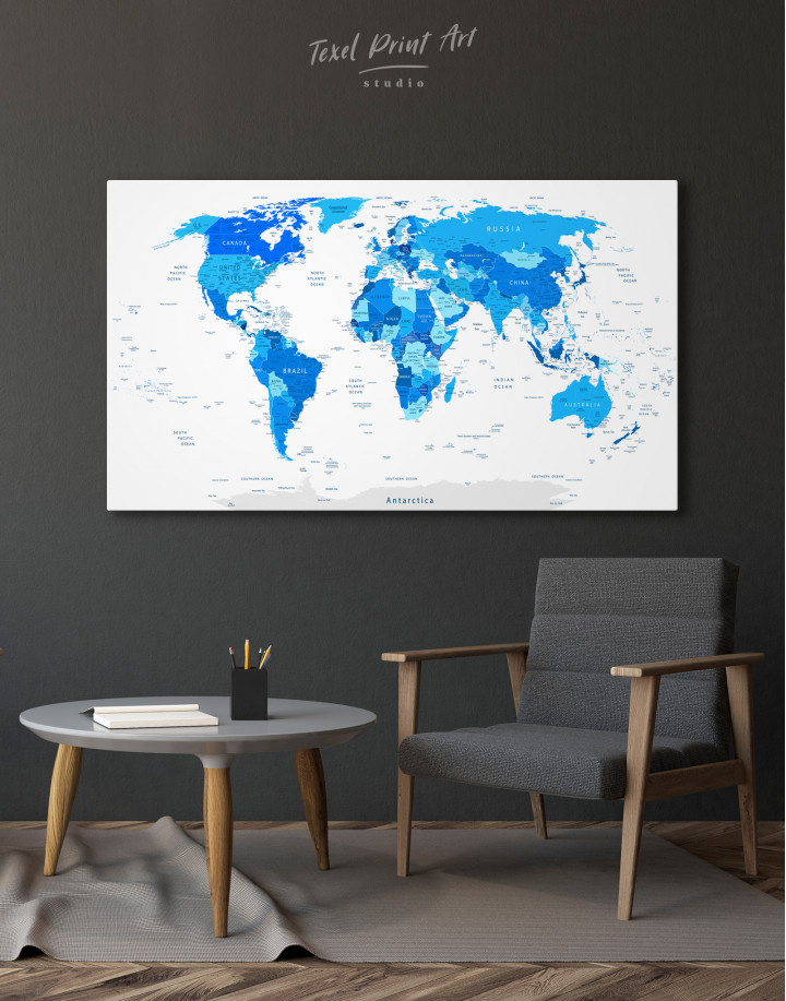 Blue Detailed World Map Canvas Wall Art