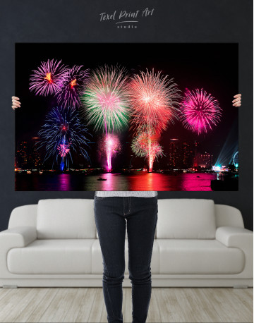 Fireworks on Night Cityscape Canvas Wall Art - image 3