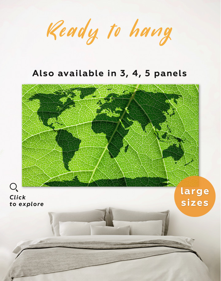 Green Leaf World Map Canvas Wall Art