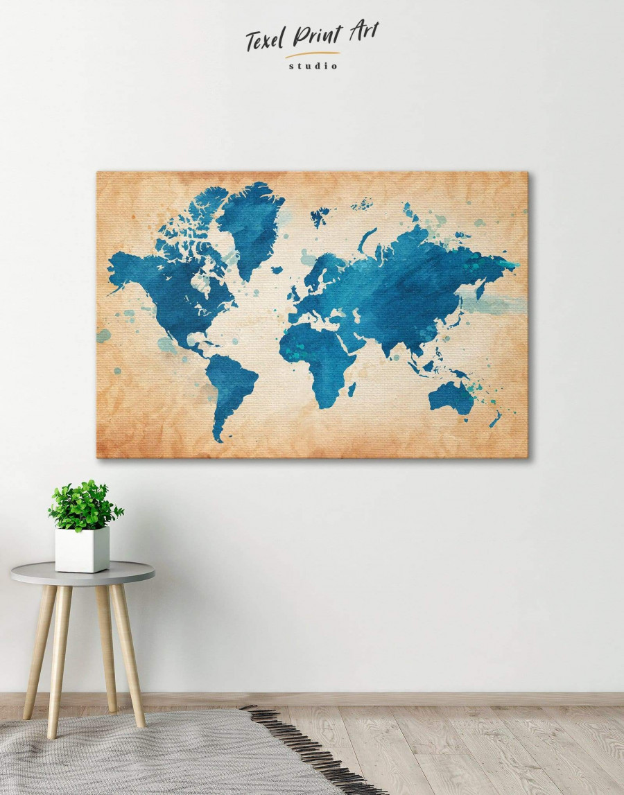 Blue Watercolor World Map Canvas Wall Art | TexelPrintArt