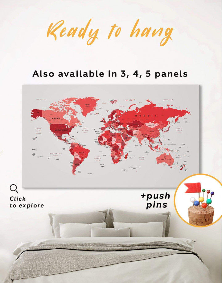Red Push Pin World Map Canvas Wall Art
