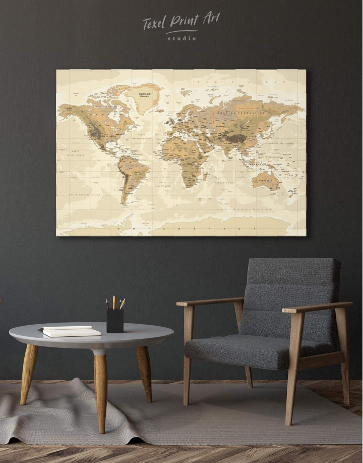 Classic Brown World Map Canvas Wall Art