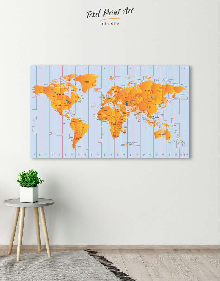 Time Zone World Map with Push Pins Canvas Wall Art