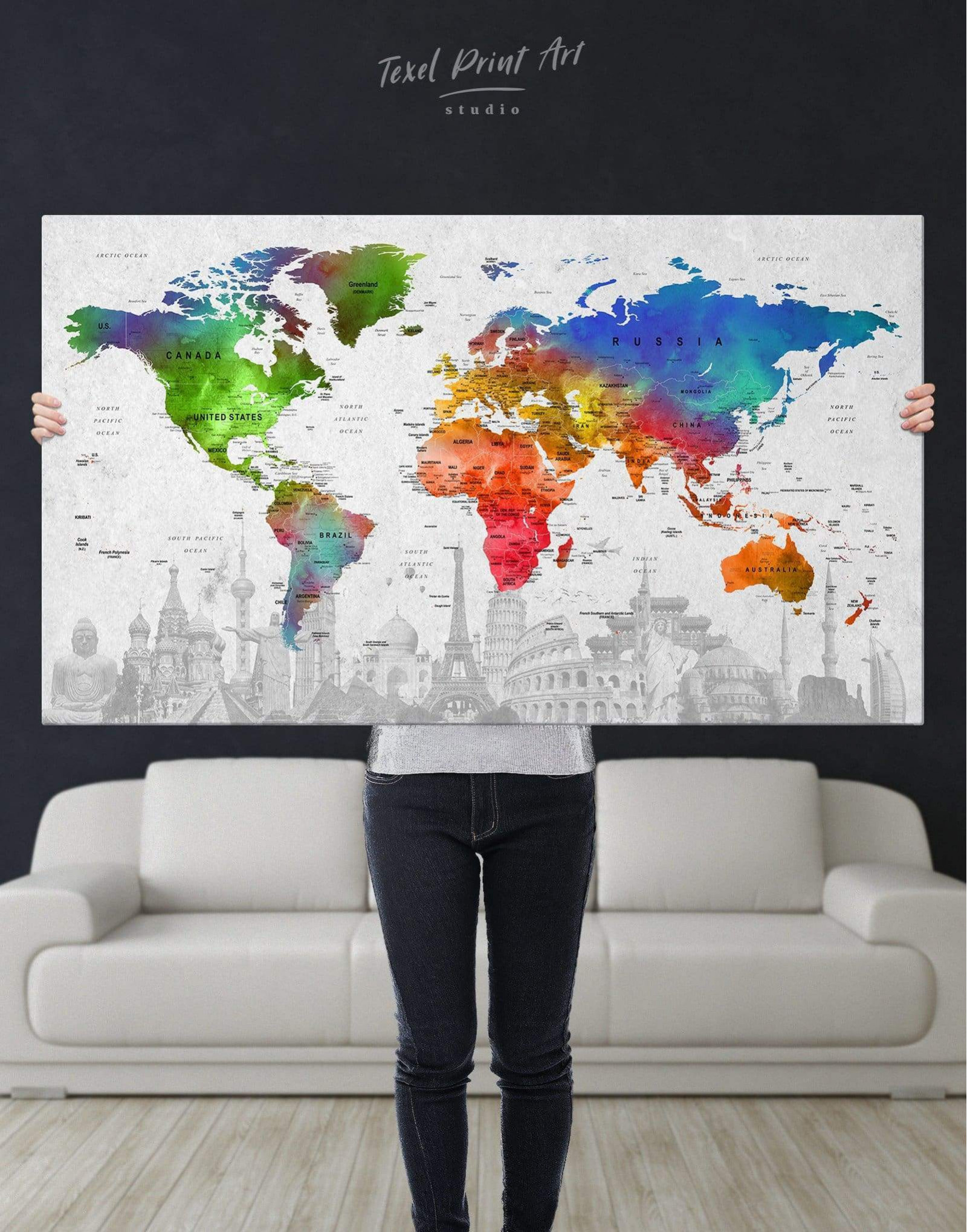 Watercolor World Map Artwork XLarge Push Pin World Map Canvas Print Multi Panel Wall Art Large Glittering Blue World Map Canvas Wall Art