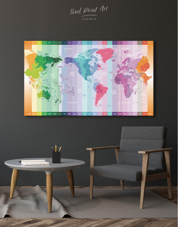 Multicolor Push Pin World Map with Time Zones Canvas Wall Art