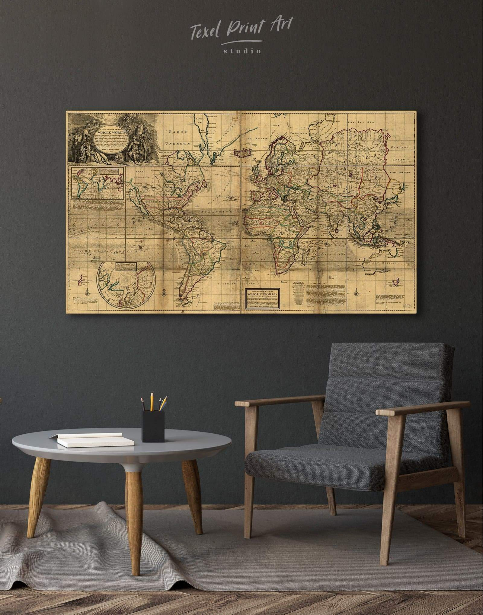 Large 5 Panel Vintage World Map Painting Canvas Prints Wall Art Framed Pictures Retro Leather Pattern Background Map Of The World Artwork Elevation Tints for Home Office Kitchen Decoration 60 x 32 