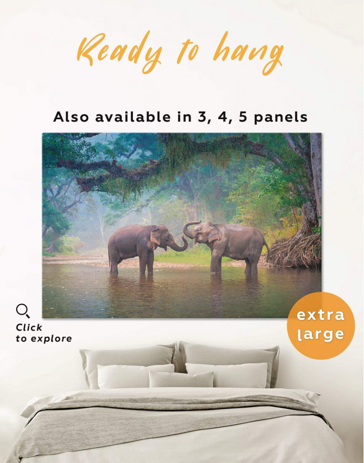 African Elephants in Water Canvas Wall Art