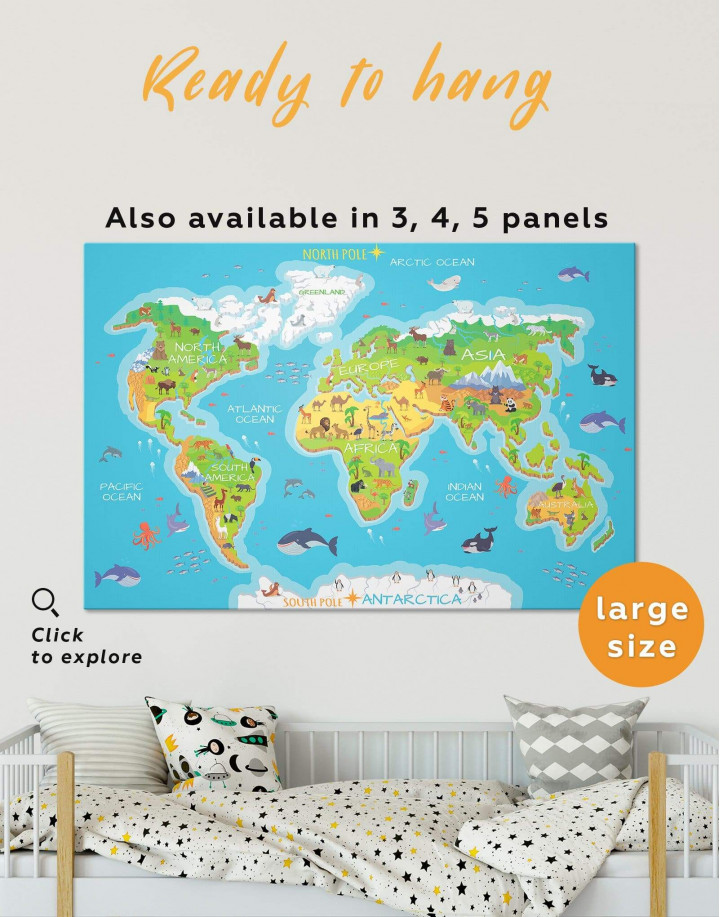 Childrens Bedroom World Map Canvas Wall Art