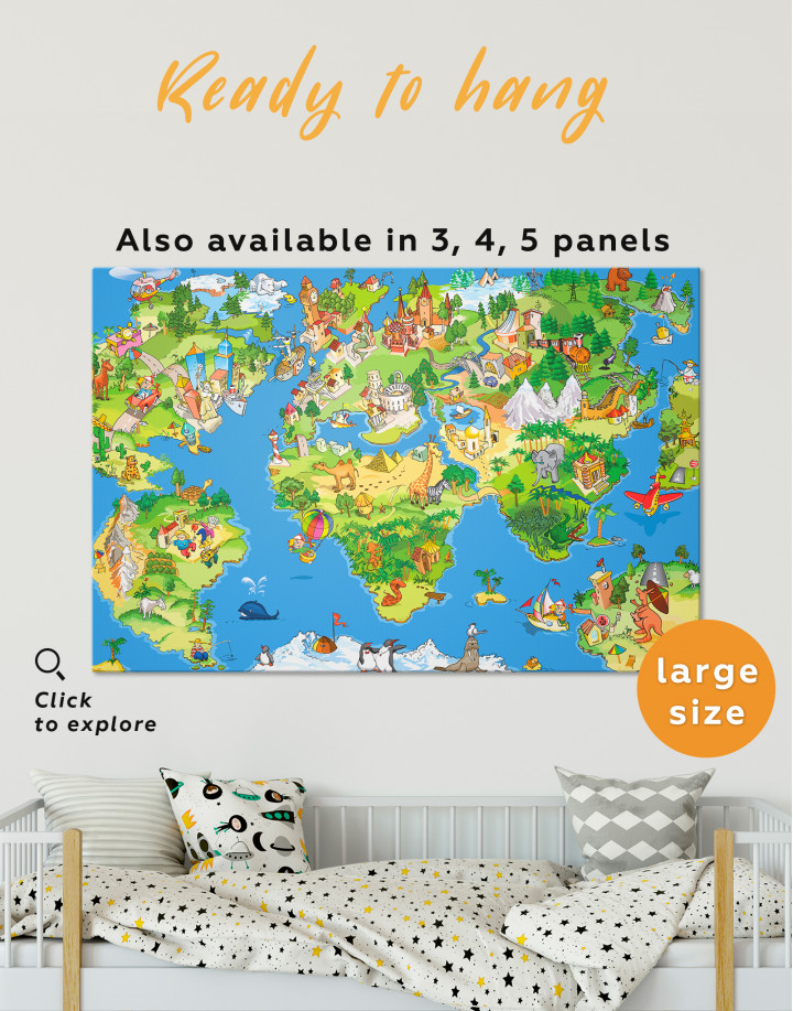 Childrens World Map with Places Canvas Wall Art