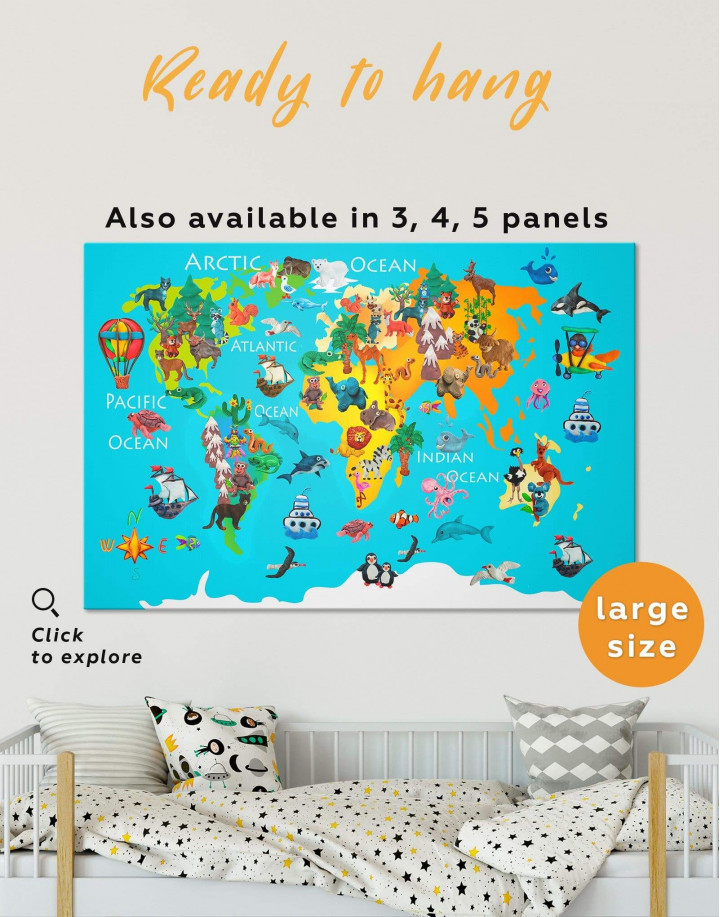 Animal Map for Children Room Canvas Wall Art