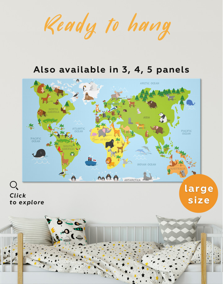 Kids World Map with Animals in Nursery Canvas Wall Art