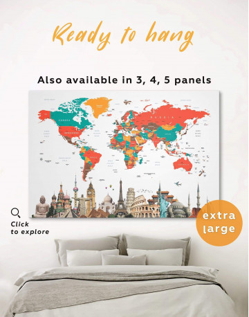 Abstract World Map with Monuments Canvas Wall Art