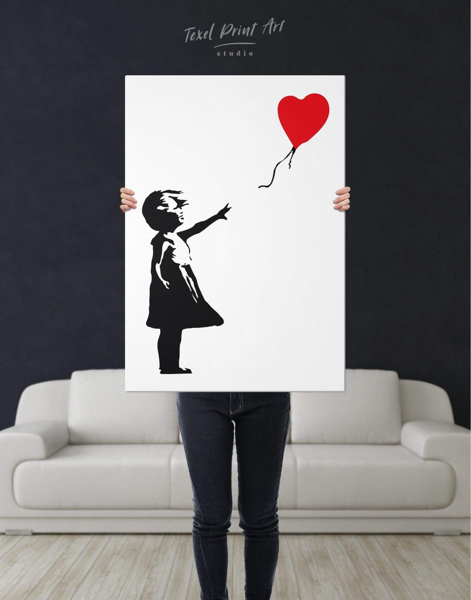 BANKSY ART PICTURE GREY DUCK EGG CANVAS GIRL WITH BALLOON WALL 4 PANEL 44 x 27"