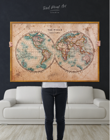 Framed Rustic Hemispheres World Map Canvas Wall Art - image 1