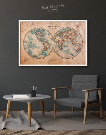 Framed Rustic Hemispheres World Map Canvas Wall Art