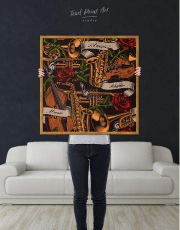 Framed Musical Instruments with Roses Canvas Wall Art