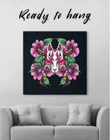 Japanese Fox Mask With Flowers Canvas Wall Art