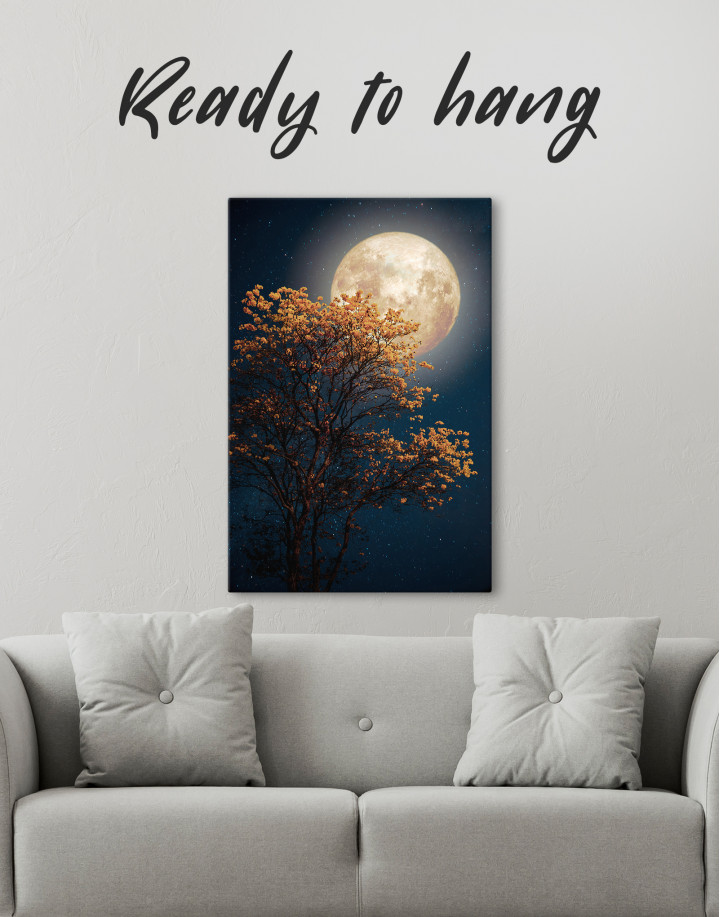 Beautiful Yellow Blossom With Full Moon Canvas Wall Art