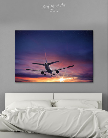 Flying Airplane Sunset Canvas Wall Art