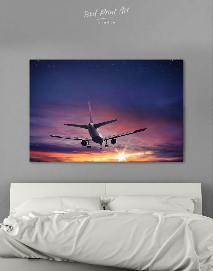 Flying Airplane Sunset Canvas Wall Art