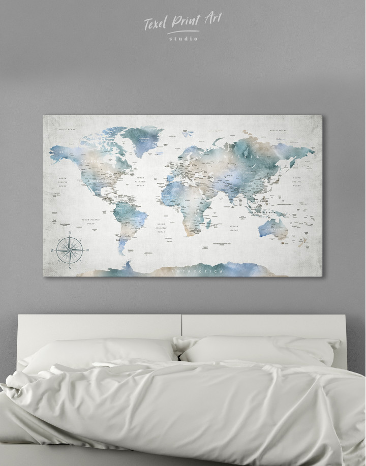 Push Pin Watercolor World Map Canvas Wall Art