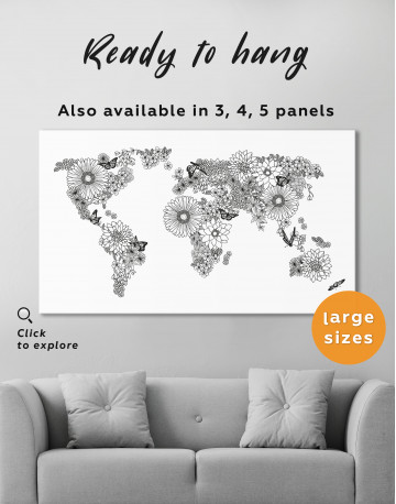 Floral World Map Black and White Canvas Wall Art - image 10