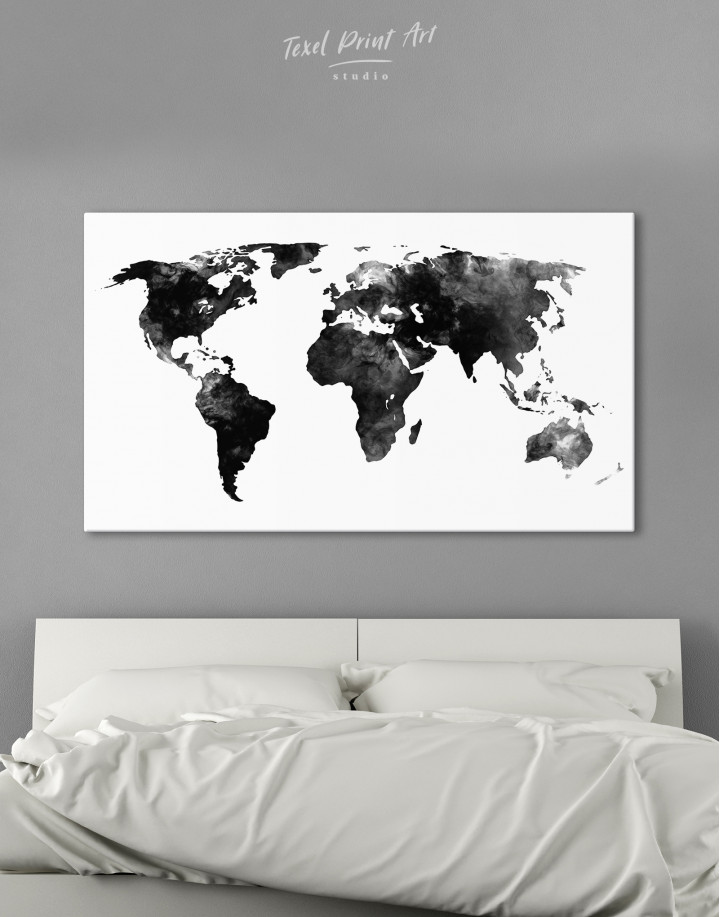 Black and White Watercolor World Map Canvas Wall Art