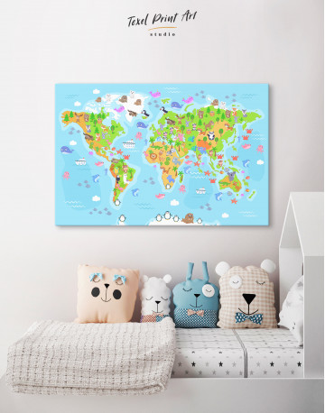 Children's World Map with Animals Canvas Wall Art