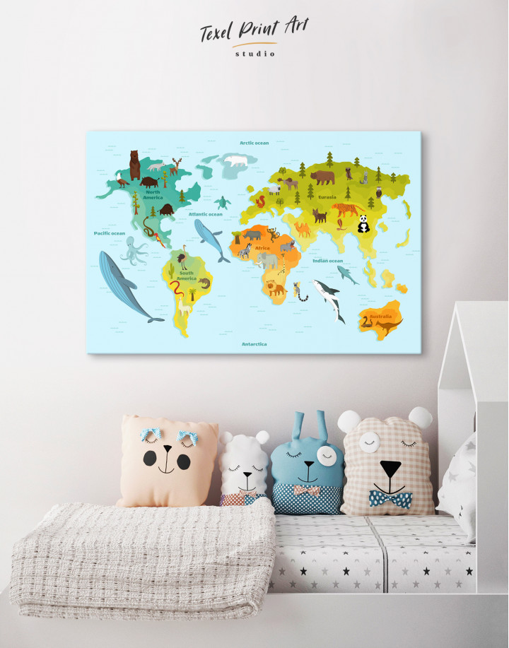 World Map with Animals Canvas Wall Art