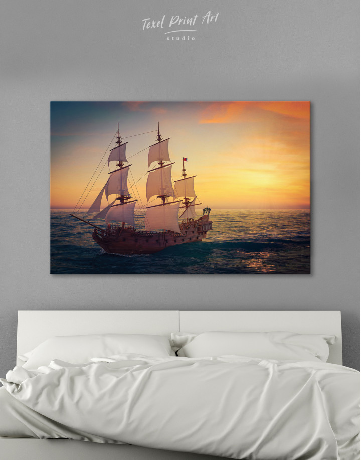 Sailing Ship at Sea on Sunset Canvas Wall Art