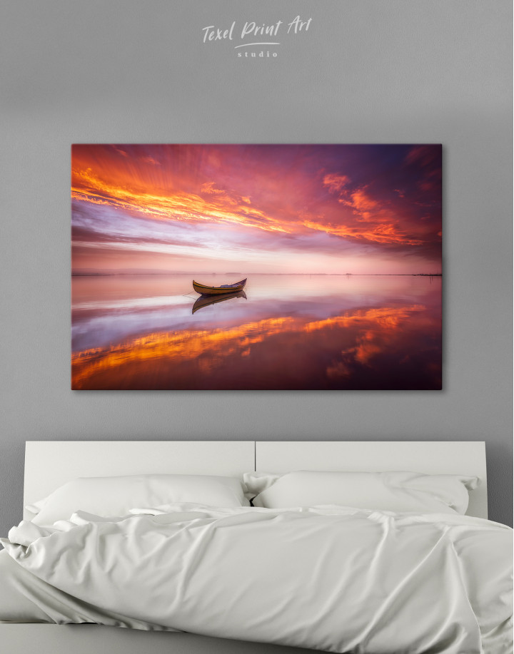 Boat in a Lake on Sunset Canvas Wall Art