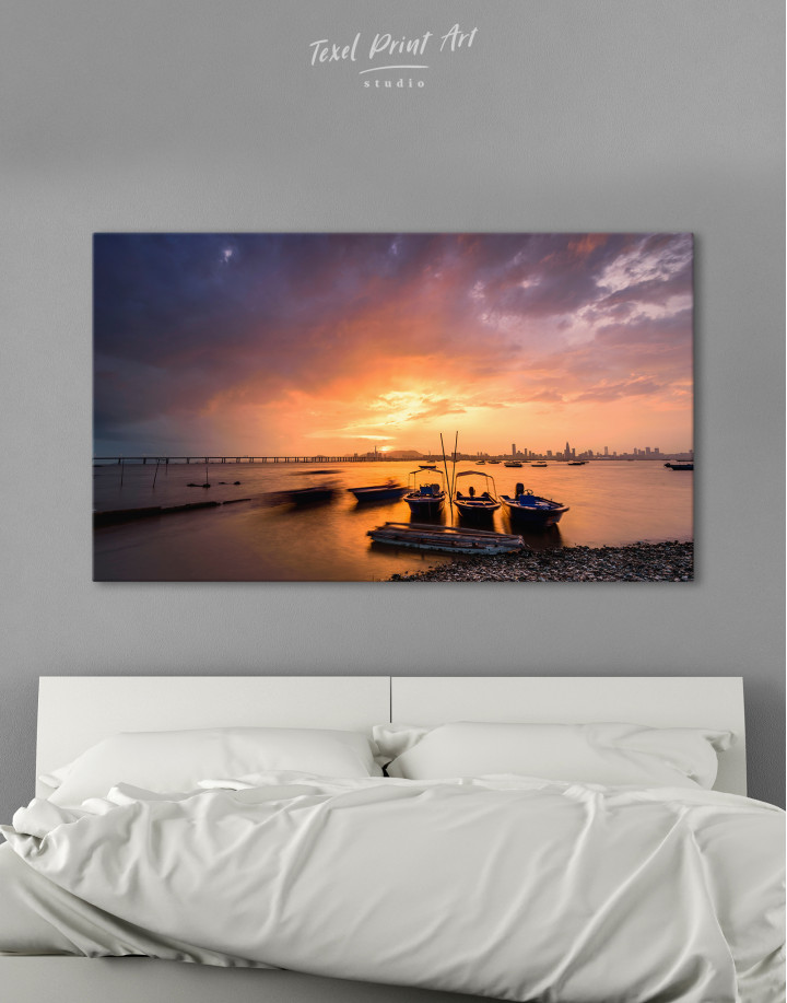 Motorboats on the Water the Sunset and a City Canvas Wall Art