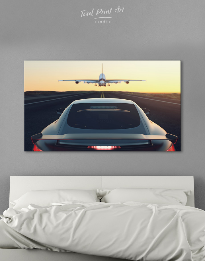 Car on the Runway with an Airplane Canvas Wall Art
