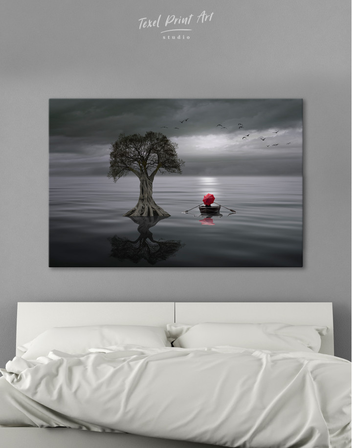 Calm Lake with Tree and Rowing Boat Canvas Wall Art