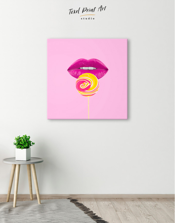 Colored Lollipop with Pink Lips Canvas Wall Art